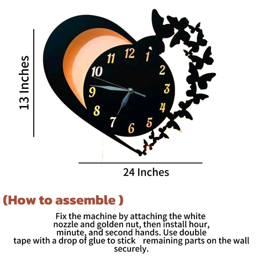 Heart-Shaped Battery Wall Clock Black Wood Decor