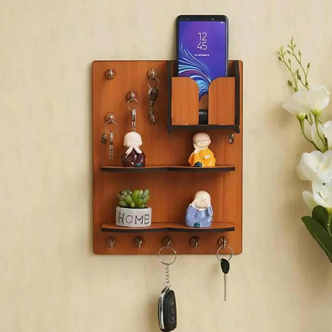 Wooden Wall Key & Phone Holder with Hooks