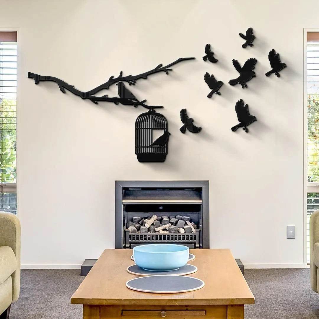 Black 3D Birds Flying From Cage Wall Art MDF
