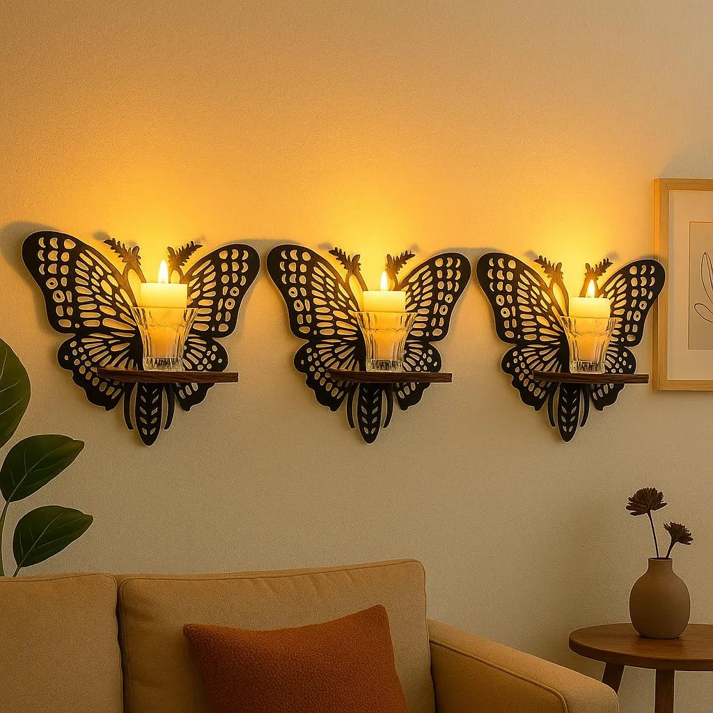 Butterfly Wall Shelf (Set of 3) Black Wooden Decor