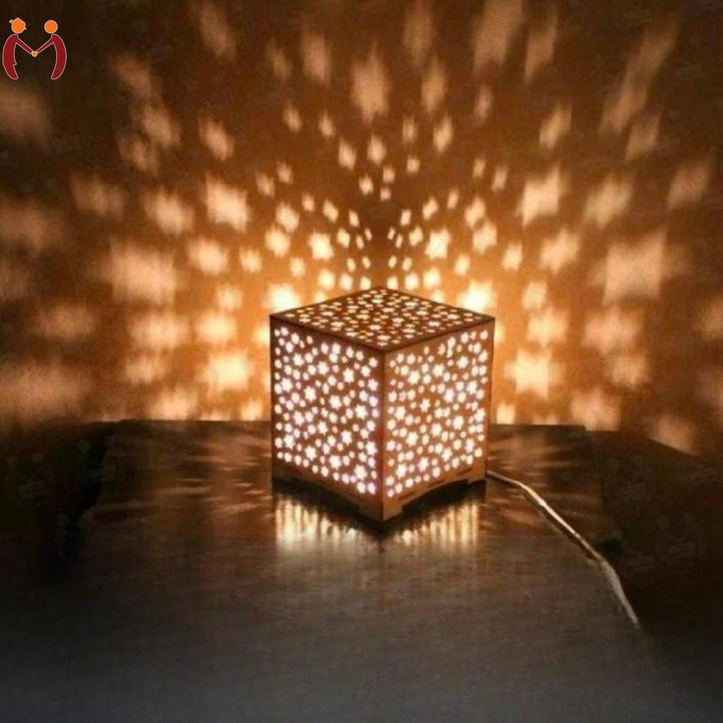 Star Design Laser Cut Wooden Table Lamp Golden Warm Glow