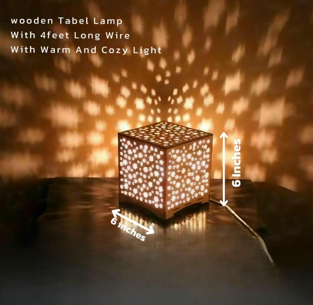 Star Design Laser Cut Wooden Table Lamp Golden Warm Glow