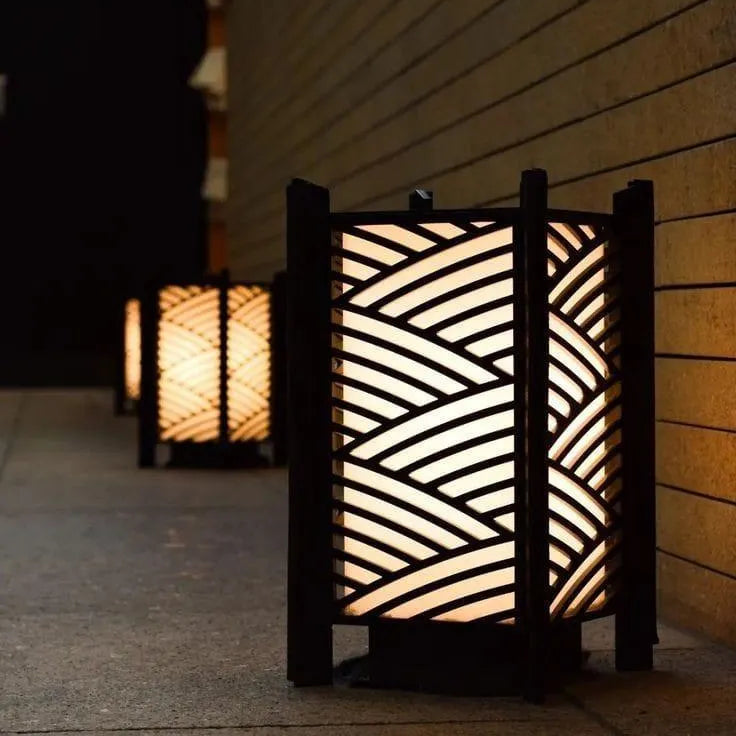 Black Wooden Side Table Lamp with Golden Glow