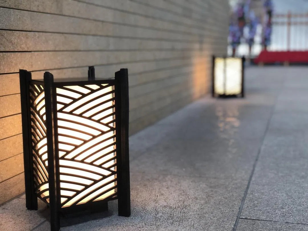 Black Wooden Side Table Lamp with Golden Glow