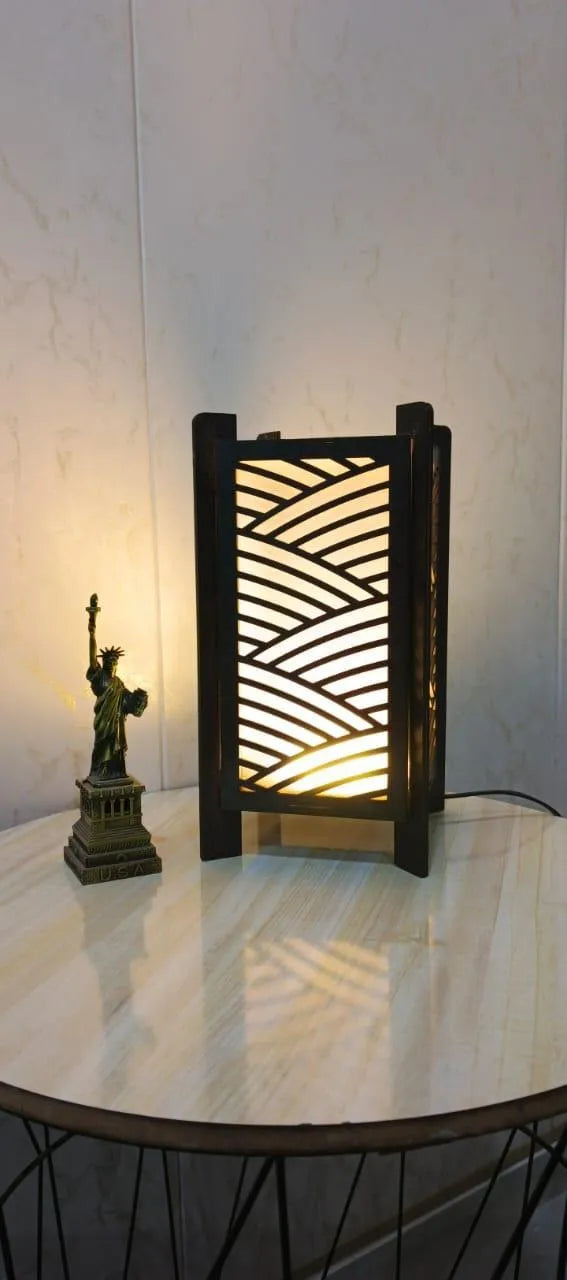 Black Wooden Side Table Lamp with Golden Glow